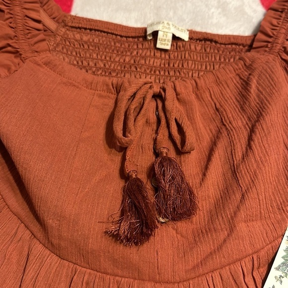 NWT Chelsea Violet Girls Mixed Media Puff Sleeve Smocked Back Dress in Rust - Picture 7 of 10